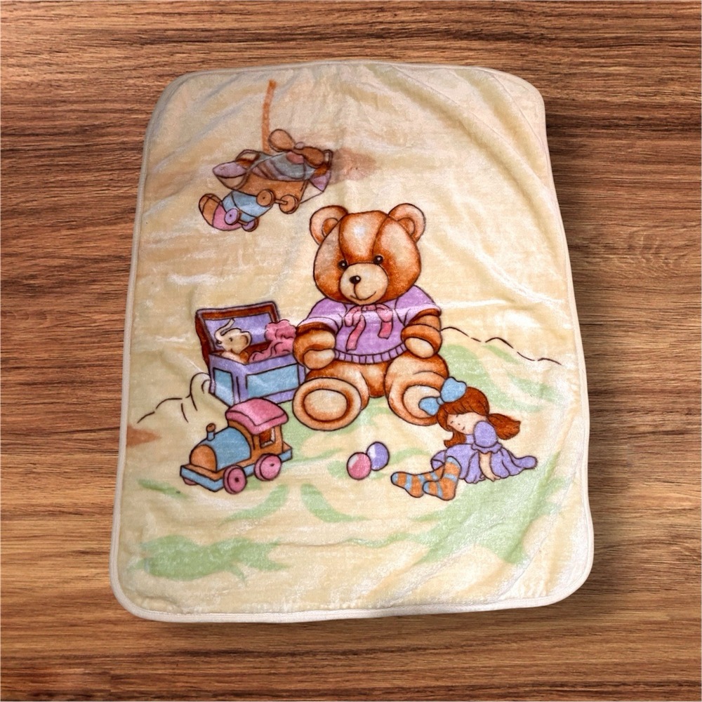Vintage Baby Toddler Plush Blanket Yellow Teddy Bears‎ Nursery Rare